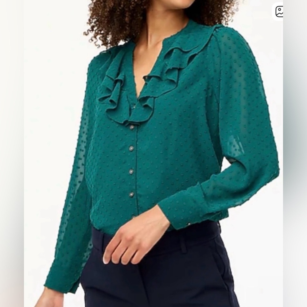 J. Crew factory Green Swiss Dot Ruffle V-Neck Button-Front Blouse Sz M
